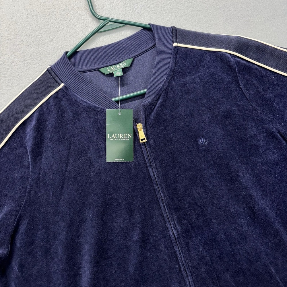 Lauren Ralph Lauren Velour Track Jacket Womens 1X Full Zip Velvet Navy Blue NEW‎